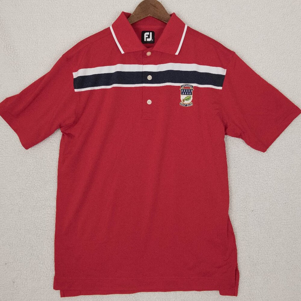 Footjoy Polo Mens Medium Red Black Striped Preppy Crest Golf Performance